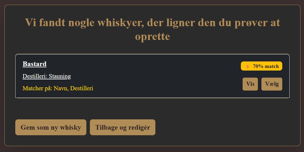Gem eller Fuzzy match — lignende whiskyer fundet